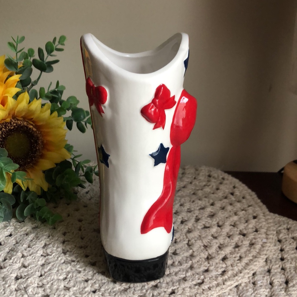 Decorative White Ceramic Cowboy Patriotic Boot with Red Bows and Blue Stars - Picture 8 of 10